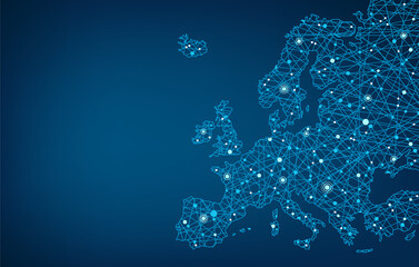 Connected map of Europe vector illustration background  – European Union concept: cooperation, technology, digitalization, future - obrazy, fototapety, plakaty