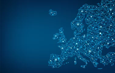 Deurstickers Connected map of Europe vector illustration background  – European Union concept: cooperation, technology, digitalization, future © j-mel