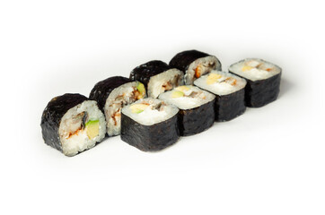 Sushi roll with eel and avocado on a white plate, classic Japanese sushi. Traditional Japanese food with maki Delicious pieces of sushi. For the restaurant menu. copyspace.