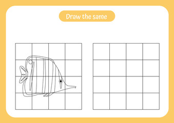 Copy the picture of fish - use the grid and example. Educational game for children. Handwriting and drawing practice. Vector illustration. Ocean theme activity for toddlers, kids.