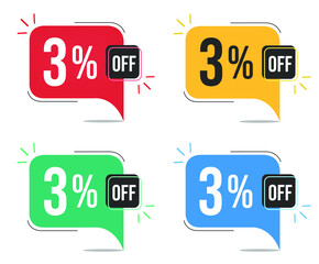 3% off. Red, yellow, green and blue tags with three percent discount. Banner with four colorful balloons with special offers vector.