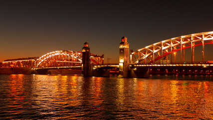 Bridge of Peter Great in Saint-Petersburg, Russia. Night view.