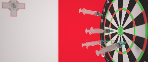 Syringes with a vaccine hit target near the Maltese flag. Successful medical research and vaccination in Malta. Conceptual 3D rendering