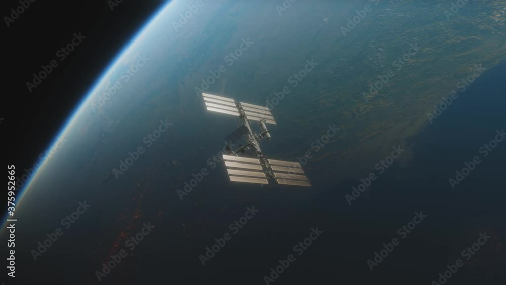Wall mural animation of the international space station iss floating in orbit above planet earth in outer space