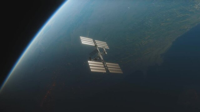Animation of the International Space Station ISS Floating in Orbit above Planet Earth in outer space