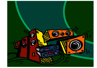 Music shop. Speaker system, amplifier, player, front speaker, subwoofer. Vector image for illustration.