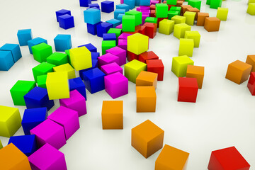multicolored three-dimensional cubes scattered on a white background. 3d render illustration