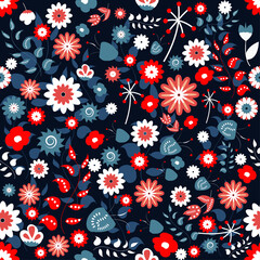 Seamless pattern with folk floral ornament, vector illustration