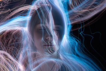 light painting portrait, new art direction, long exposure photo without photoshop, light drawing at...