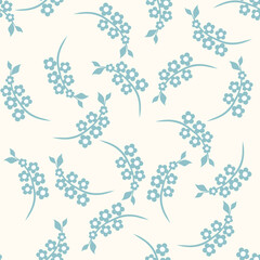 Simple vector floral seamless pattern. Abstract ornament with simple small flowers on branches. Liberty style print. Ditsy background texture. Cyan blue and white color. Repeat decorative design