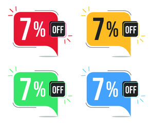 7% off. Red, yellow, green and blue tags with seven percent discount. Banner with four colorful balloons with special offers vector.