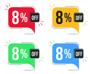 8% off. Red, yellow, green and blue tags with eight percent discount. Banner with four colorful balloons with special offers vector.