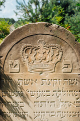 Tombstone at abandoned jewish cemetery in the middle of forest in Zarki, Poland. 18th century graveyard hidden in the woods. Forgotten tombstones and matzevot of dead jews are deteriorating. 