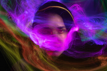 lightpainting portrait, new art direction, long exposure photo without photoshop, light drawing at long exposure