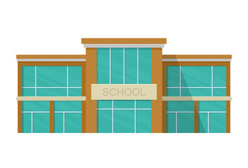 School building facade with big glass windows. Public educational institution. Vector illustration isolated on white background.