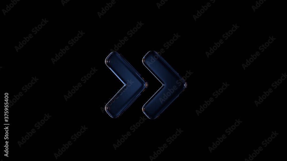 Poster 3d rendering glass symbol of angle double right isolated on black with reflection