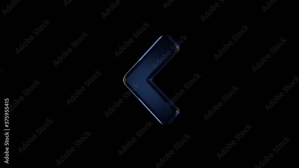 Poster 3d rendering glass symbol of angle left isolated on black with reflection