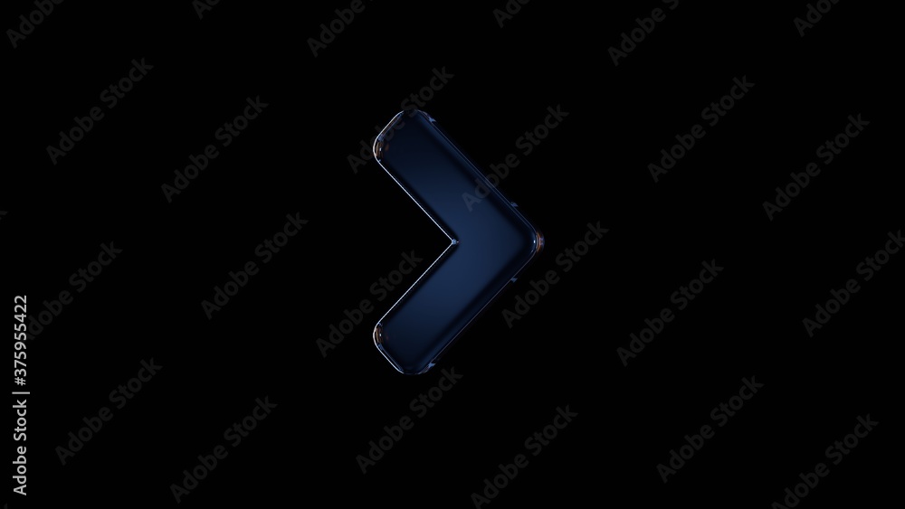 Poster 3d rendering glass symbol of angle right isolated on black with reflection