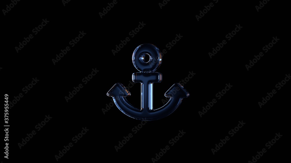 Poster 3d rendering glass symbol of anchor isolated on black with reflection