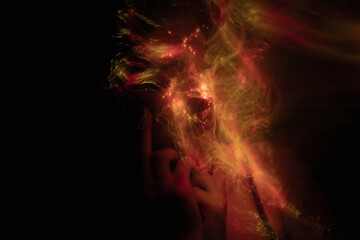 lightpainting portrait, new art direction, long exposure photo without photoshop, light drawing at long exposure