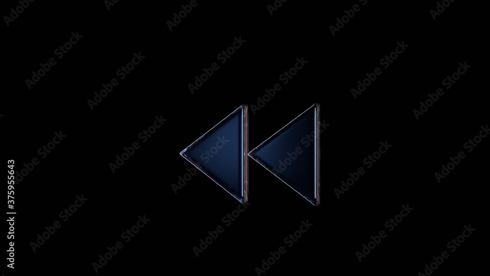 Poster 3d rendering glass symbol of double left arrows isolated on black with reflection