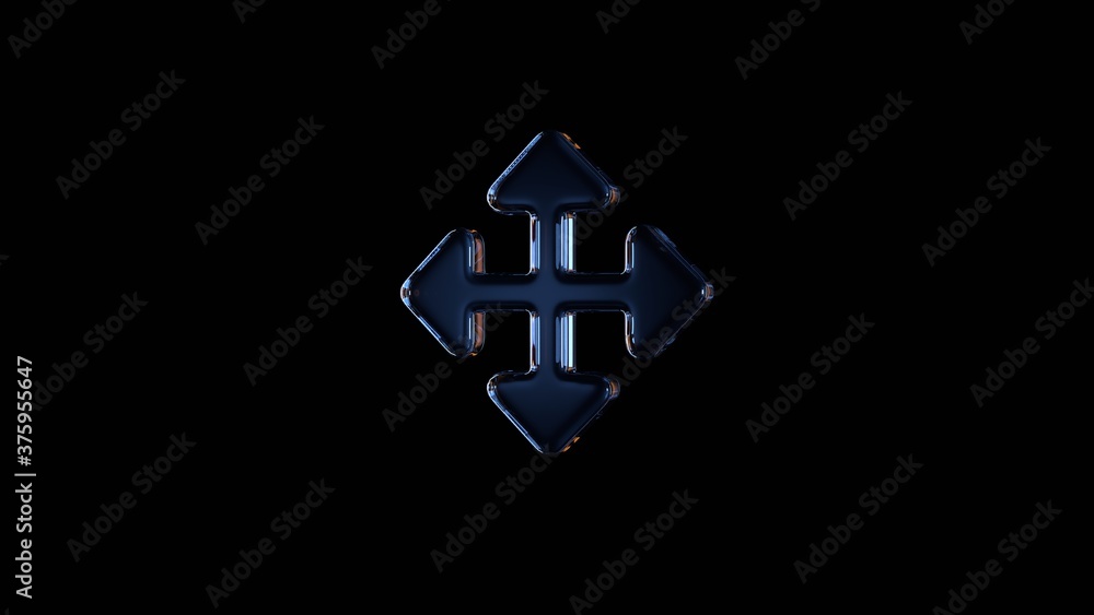 Poster 3d rendering glass symbol of four direction arrows isolated on black with reflection