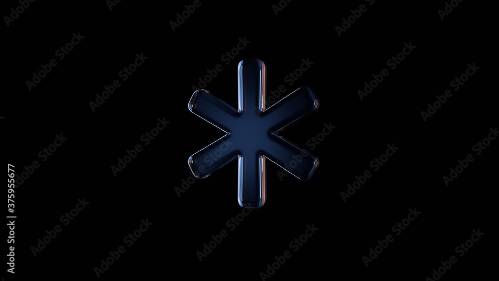 Poster 3d rendering glass symbol of asterisk isolated on black with reflection