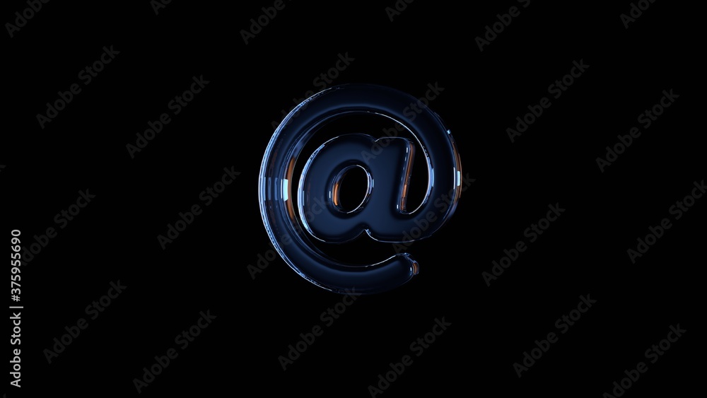 Poster 3d rendering glass symbol of at sign isolated on black with reflection