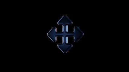 3d rendering glass symbol of four direction arrows isolated on black with reflection