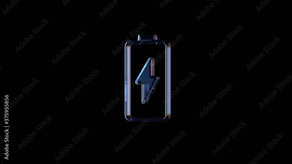 Poster 3d rendering glass vertical symbol of charging empty battery isolated on black with reflection