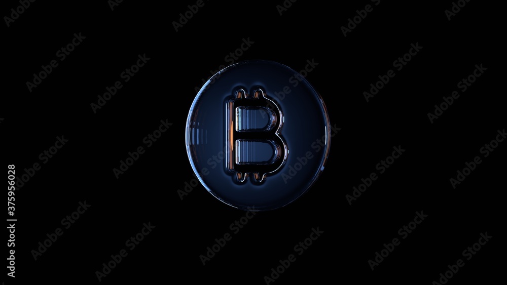 Poster 3d rendering glass symbol of bitcoin coin isolated on black with reflection