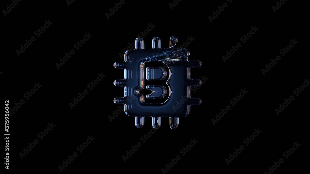 Poster 3d rendering glass symbol of bitcoin chip isolated on black with reflection