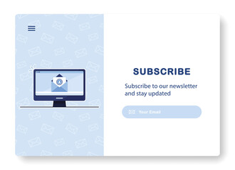 Vector banner of email marketing. Envelope. Subscription to newsletter, news, offers, promotions. Computer, PC. Buttons template. Subscribe. Send by mail. Blue and White