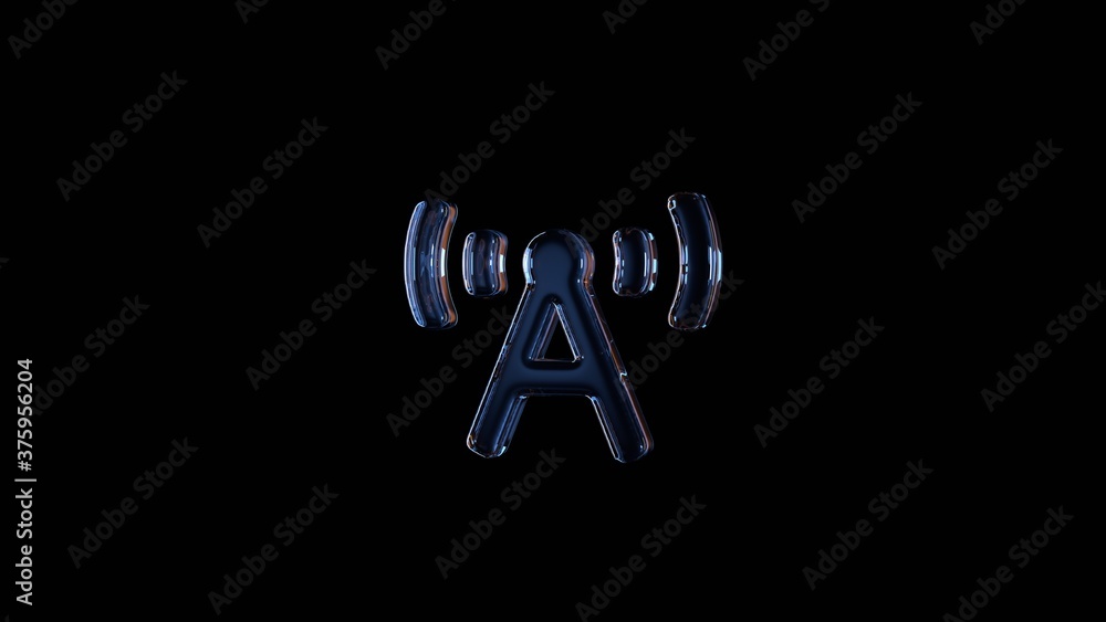 Poster 3d rendering glass symbol of broadcast tower isolated on black with reflection