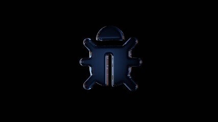 3d rendering glass symbol of bug isolated on black with reflection