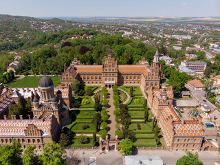 Fototapeta premium Aerial view of Yury Fedkovych national University in Chernivtsi on a spring day. Travel destinations in Ukraine.