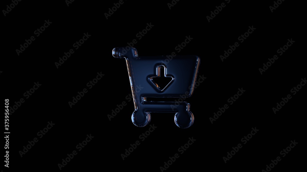 Poster 3d rendering glass symbol of cart arrow down isolated on black with reflection