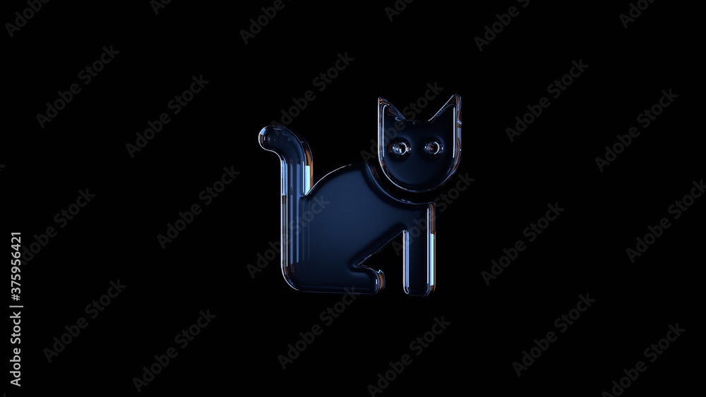 Poster 3d rendering glass symbol of cat isolated on black with reflection