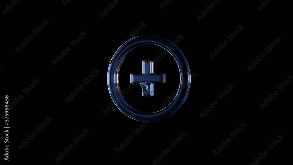 Poster 3d rendering glass symbol of circle with plus isolated on black with reflection