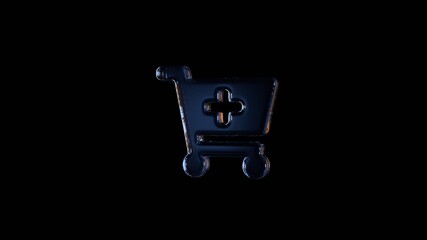3d rendering glass symbol of cart plus isolated on black with reflection