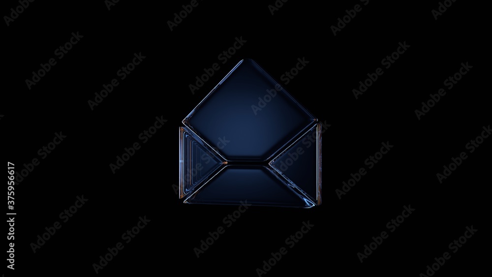 Poster 3d rendering glass symbol of paper open envelope isolated on black with reflection
