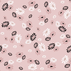 Vector seamless pattern with small scattered flowers, daisies. Liberty style print in pastel colors. Elegant floral background. Simple ditsy texture. Pink, black and white color. Doodle style painting
