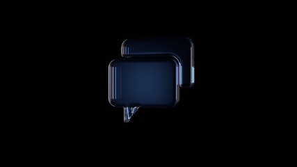 3d rendering glass symbol of two rectangular rounded chat bubbles isolated on black with reflection