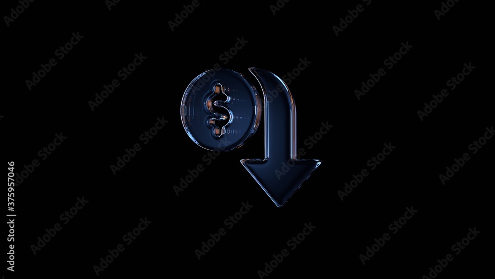Poster 3d rendering glass symbol of devaluation isolated on black with reflection