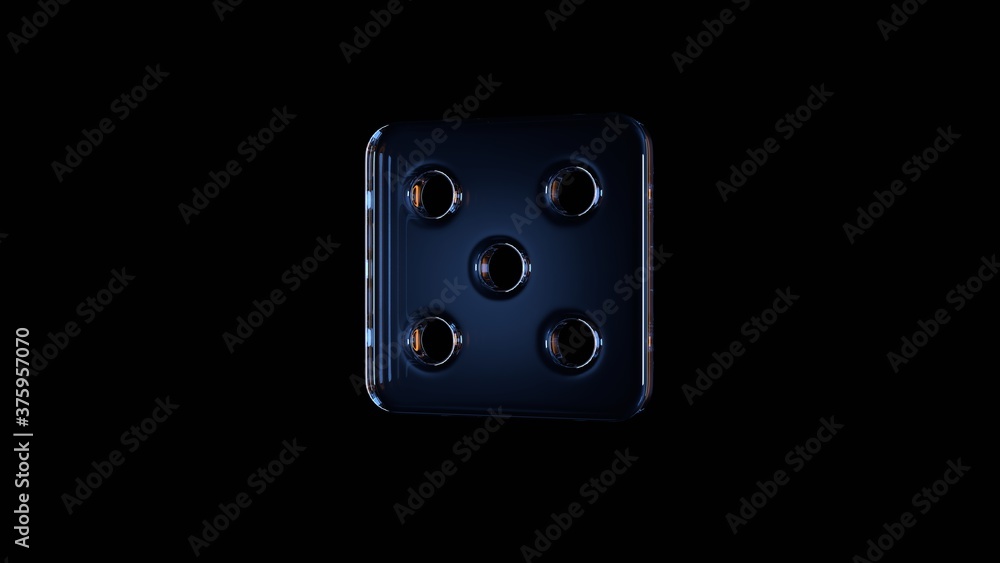Poster 3d rendering glass symbol of dice isolated on black with reflection