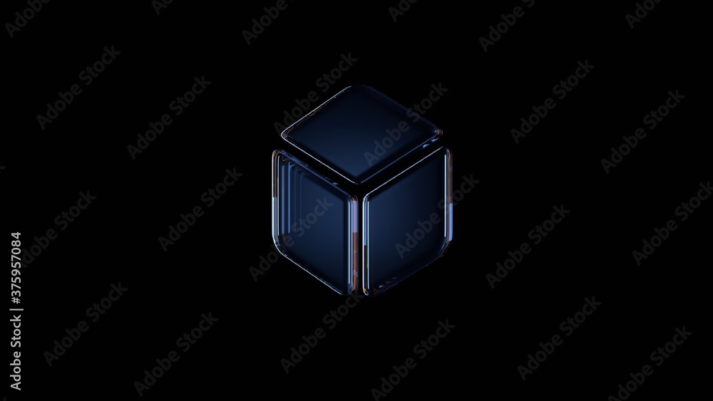 Poster 3d rendering glass symbol of dice isolated on black with reflection