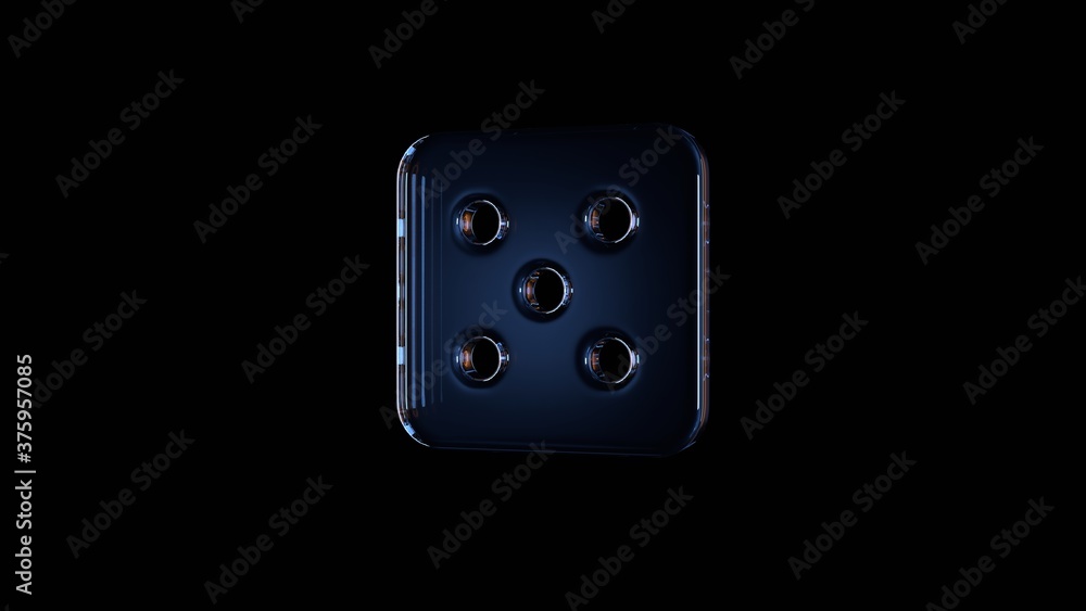 Poster 3d rendering glass symbol of dice five isolated on black with reflection