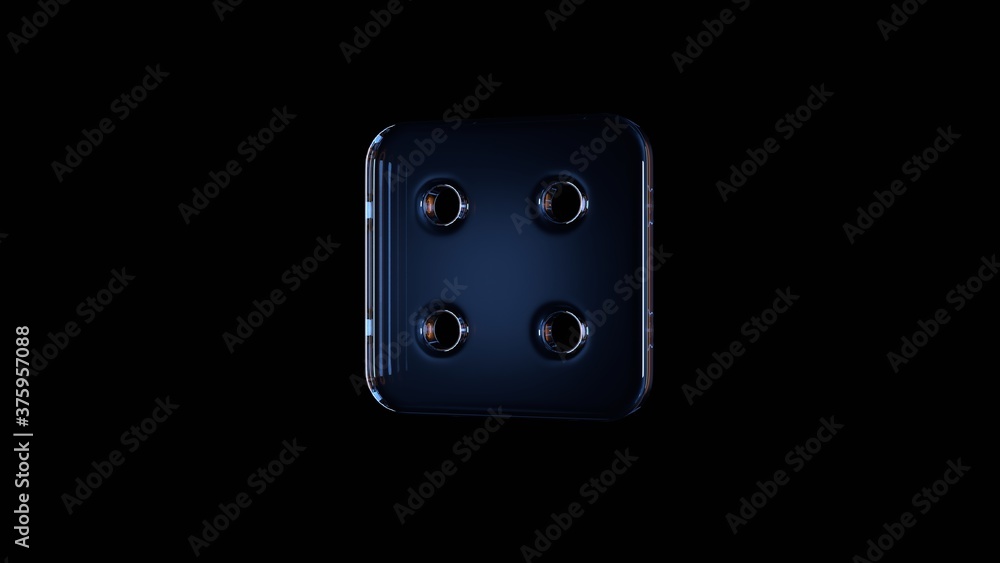 Poster 3d rendering glass symbol of dice four isolated on black with reflection