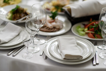 Beautifully decorated festive table with various types of salads and snacks at the wedding celebration. Close-up shot, selective focus.