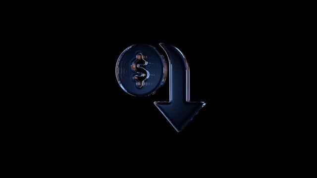 3d rendering glass symbol of devaluation isolated on black with reflection